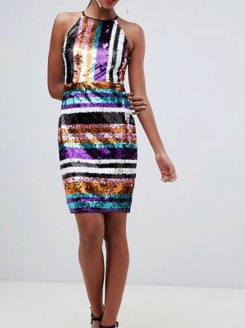Sequin Multicolor Striped Halter Dress